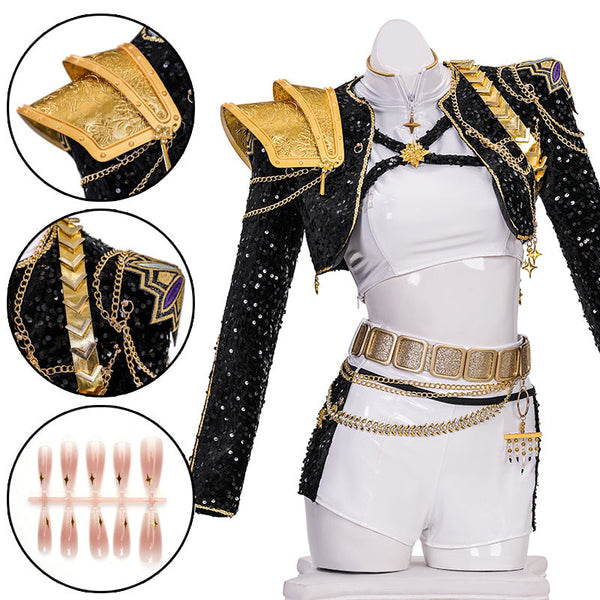 R KPop Demon Hunters HUNTR/X Rumi Black Golden Dance Outfit Cosplay Costume
