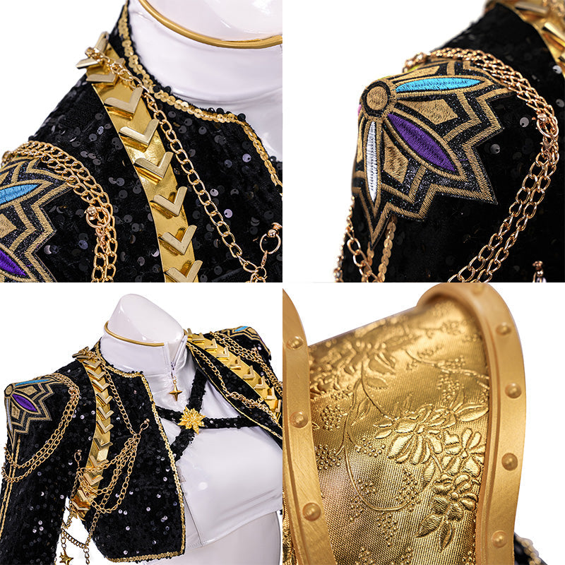 R KPop Demon Hunters HUNTR/X Rumi Black Golden Dance Outfit Cosplay Costume