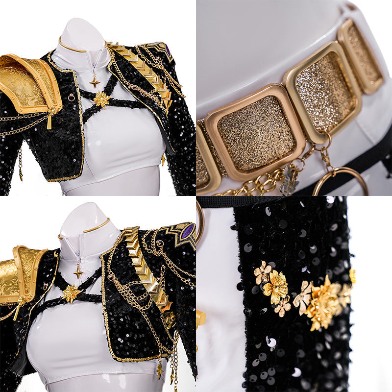R KPop Demon Hunters HUNTR/X Rumi Black Golden Dance Outfit Cosplay Costume