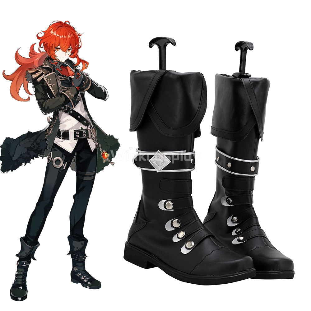Genshin Impact Diluc Black Shoes Cosplay Boots - Winkcostumes