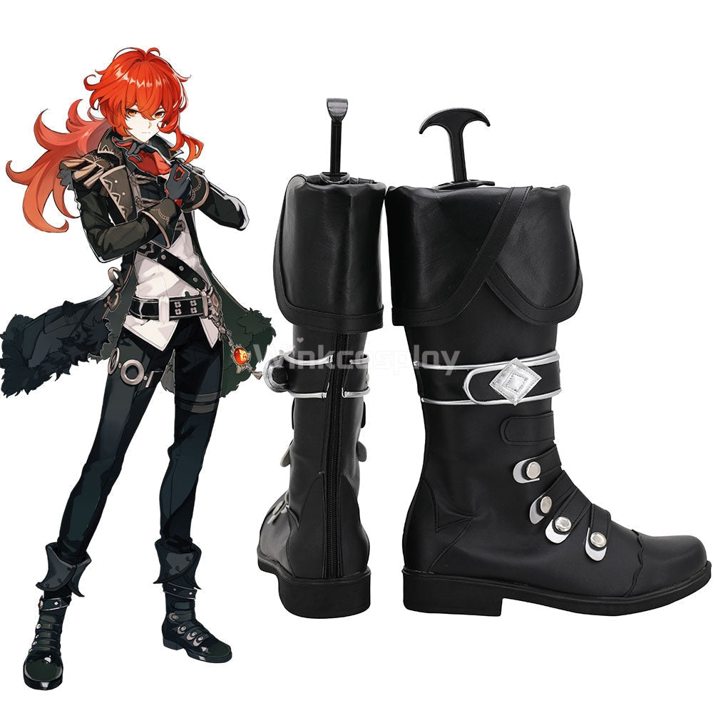 Genshin Impact Diluc Black Shoes Cosplay Boots - Winkcostumes