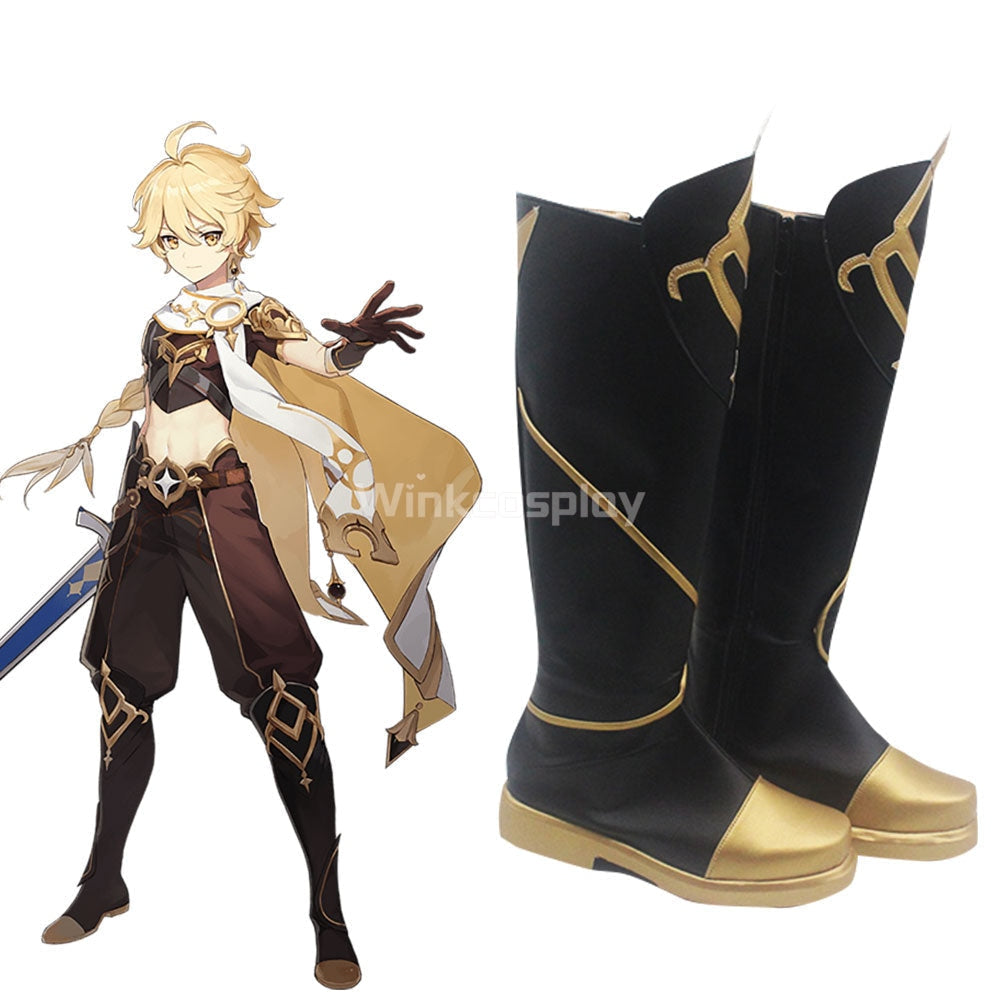Genshin Impact Player Male Traveler Aether Black Shoes Cosplay Boots - Winkcostumes