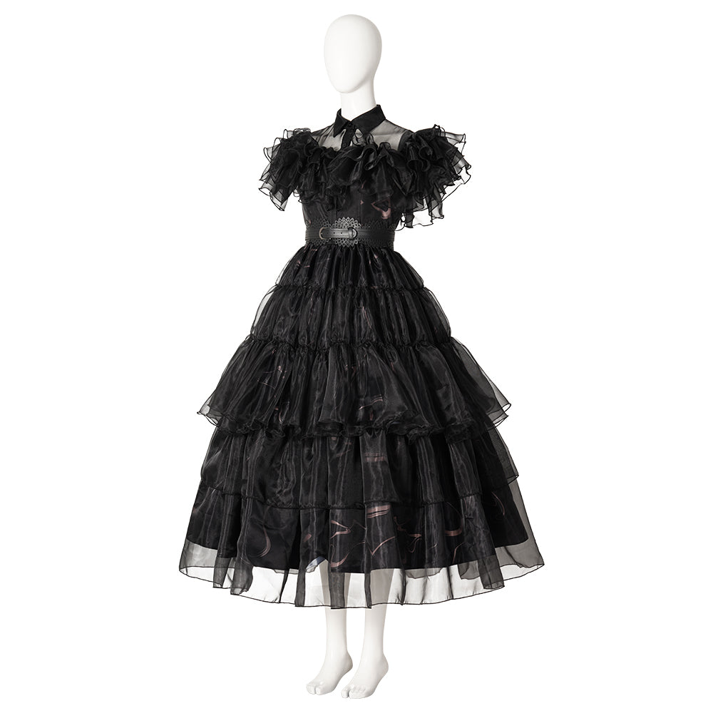 Wednesday 2022 Netflix Addams Family Wednesday Addams Black Ruffle Gown Cosplay Costume - Premium Version